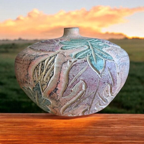 Handcrafted Thai Ceramic Vase With Leaf Relief Design - 7" Tall X 8" Wide - Mult - Picture 1 of 10